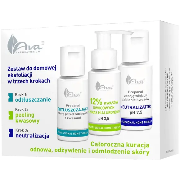 Ava набор: обезжириватель, 50 мл + нейтрализатор pH 7,5, 50 мл + 12% фруктовые кислоты pH 3,5, 50 мл 
Ava набор: обезжириватель, 50 мл + нейтрализатор pH 7,5, 50 мл + 12% фруктовые кислоты pH 3,5, 50 мл