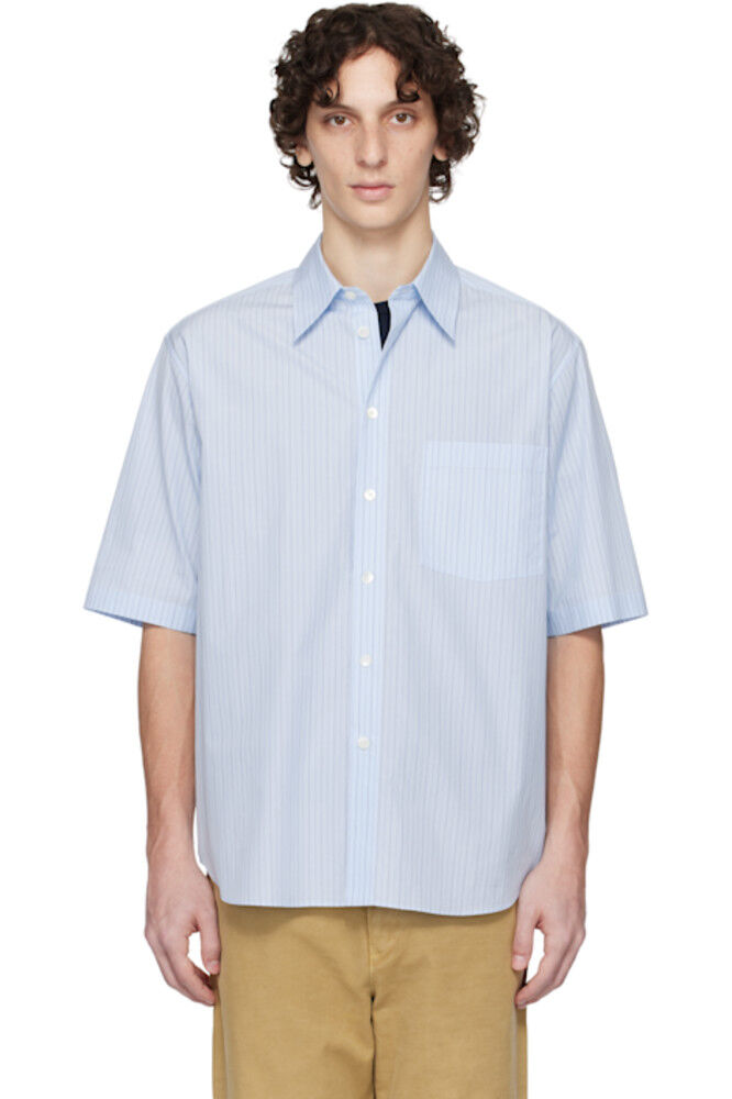 Синяя рубашка в полоску из ткани Suvin High Count AURALEE 
Синяя рубашка в полоску из ткани Suvin High Count AURALEE