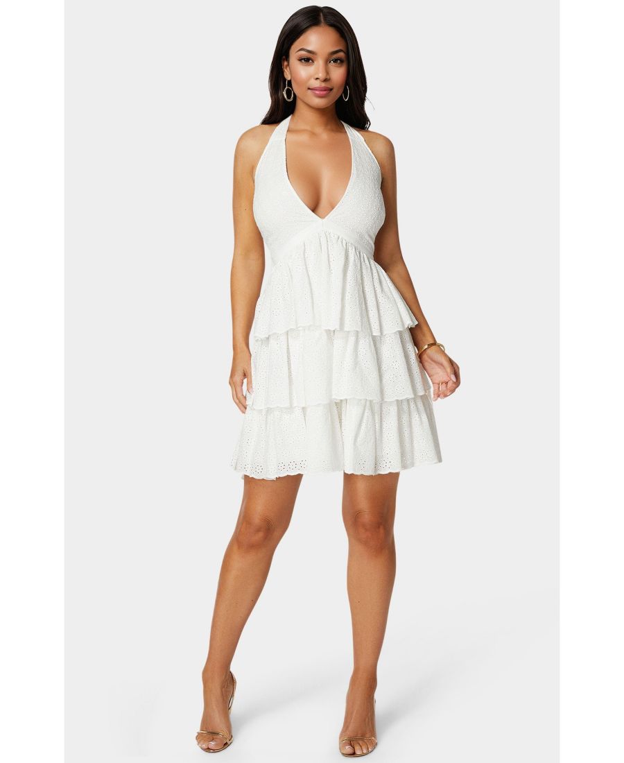 Женское многоярусное платье с перфорацией и завязками на шее Bebe, White
Женское многоярусное платье с перфорацией и завязками на шее Bebe, White