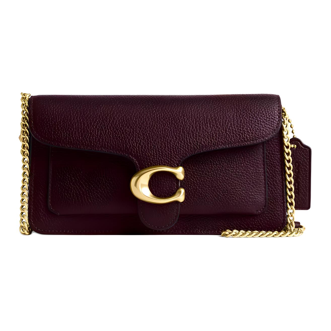 COACH Полированная кожаная сумка через плечо маленького размера женская в цвете мерло с текстурой личи, Merlot