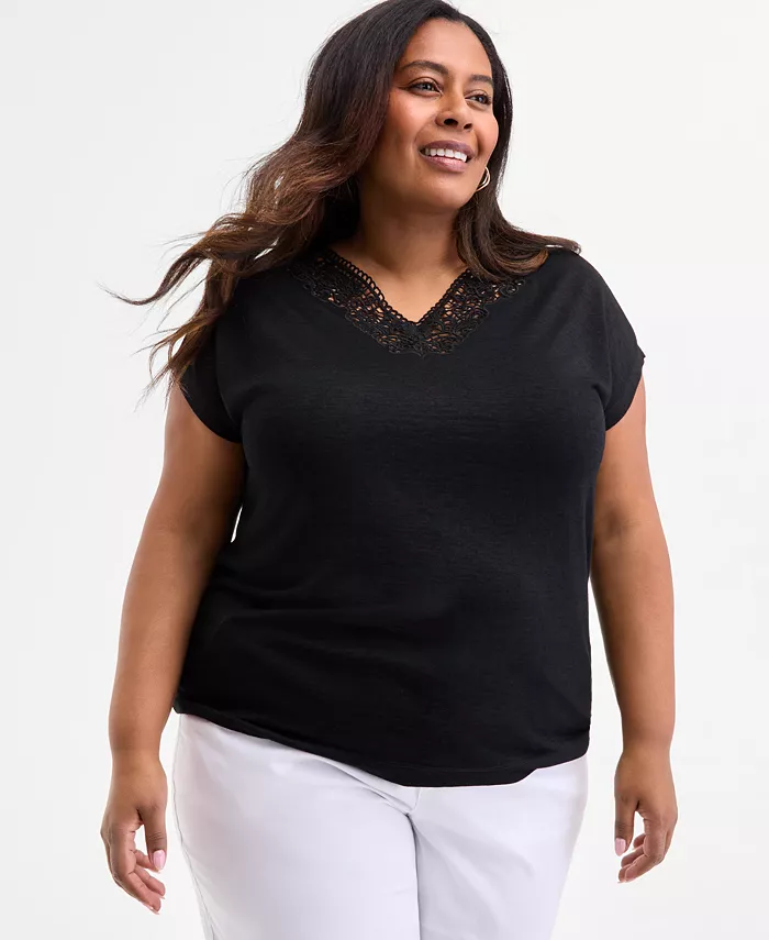 Футболка больших размеров с кружевной отделкой, V-образным вырезом и короткими рукавами Style & Co, черный 
Футболка больших размеров с кружевной отделкой, V-образным вырезом и короткими рукавами Style & Co, черный