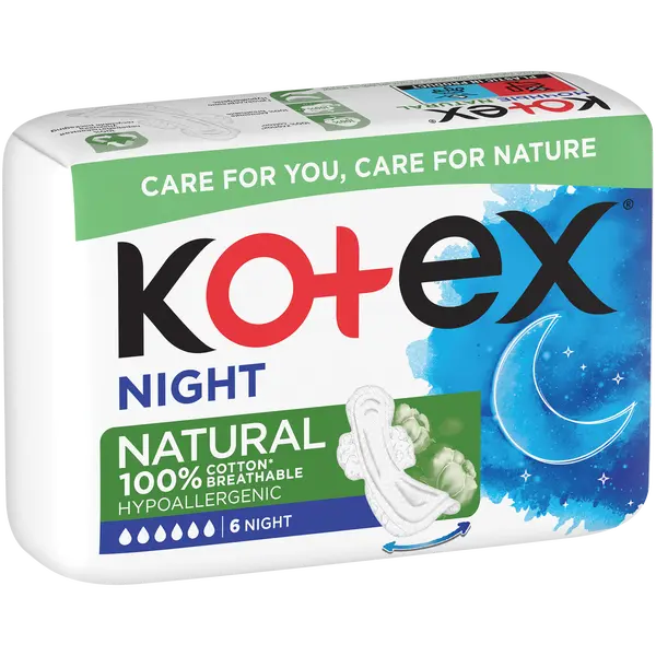 Ночные гигиенические прокладки, 6 шт./1 упаковка. Kotex Natural eve single
Ночные гигиенические прокладки, 6 шт./1 упаковка. Kotex Natural eve single