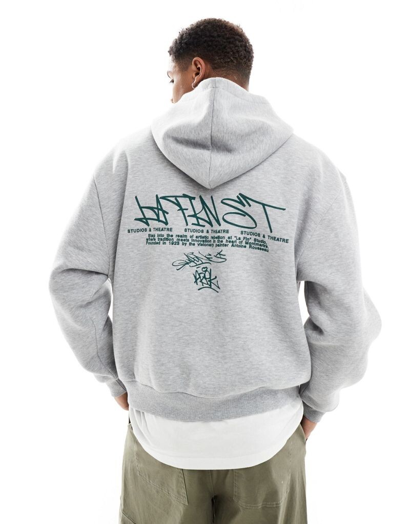 Свободное худи серого меланжа ASOS DESIGN свободного кроя со швами и принтами