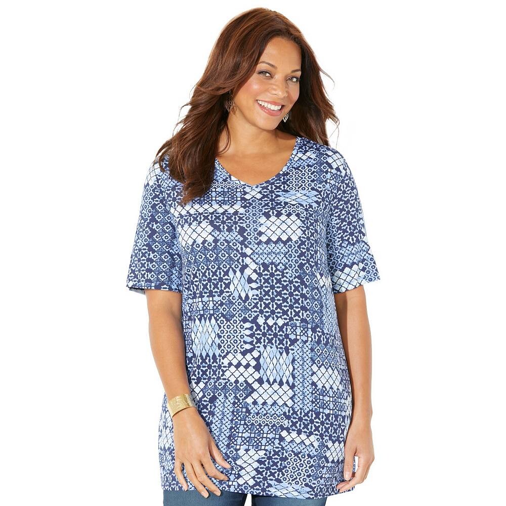 Женская туника больших размеров с короткими рукавами и v-образным вырезом Catherines легкого кроя, цвет Navy Mosaic Patchwork 
Женская туника больших размеров с короткими рукавами и v-образным вырезом Catherines легкого кроя, цвет Navy Mosaic Patchwork