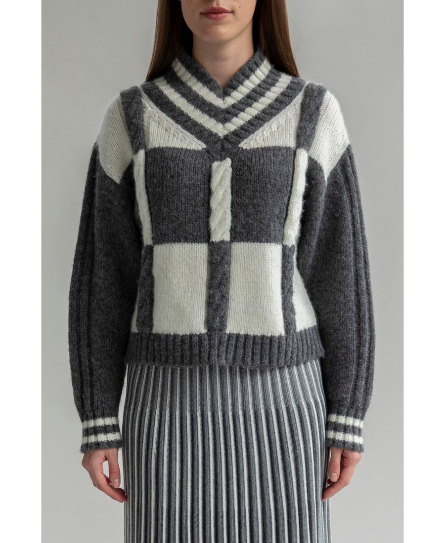 Женский клетчатый свитер с V-образным вырезом SSKEIN, Grey ivory
Женский клетчатый свитер с V-образным вырезом SSKEIN, Grey ivory