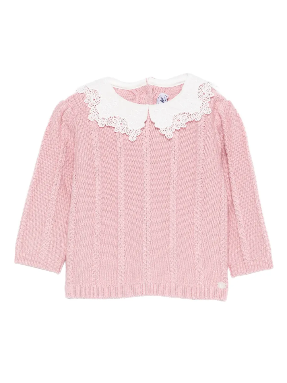 Кабельный трикотажный свитер с кружевным воротником Tartine Et Chocolat, розовый 
Кабельный трикотажный свитер с кружевным воротником Tartine Et Chocolat, розовый