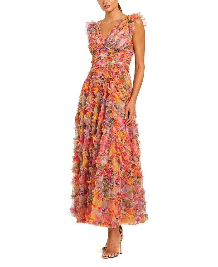 Цветочное платье с сетчатыми вставками, рюшами и V-образным вырезом до щиколоток Mac Duggal, мультиколор