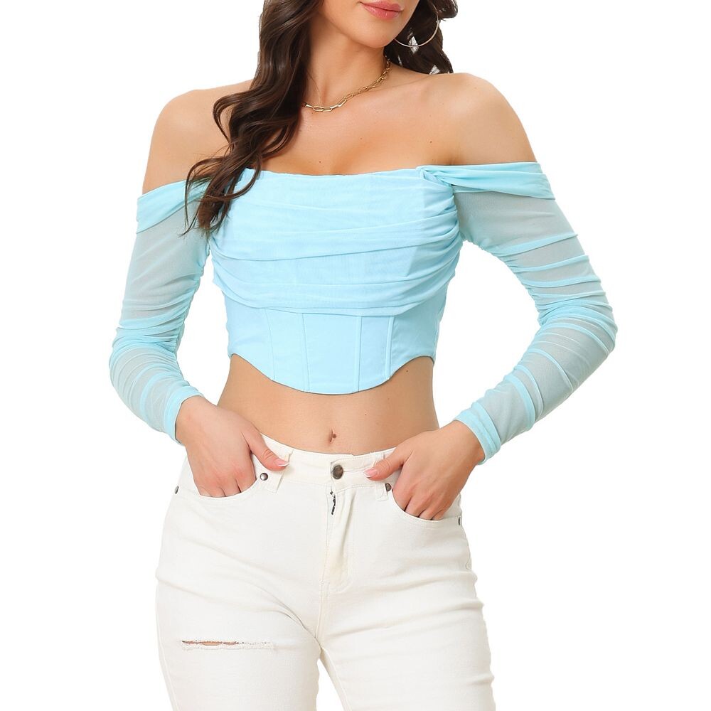 Женский сетчатый прозрачный корсет с длинными рукавами, укороченный топ, блузка с открытыми плечами и рюшами, бюстье пуш-ап с костями ALLEGRA K, цвет Light Blue
Женский сетчатый прозрачный корсет с длинными рукавами, укороченный топ, блузка с открытыми плечами и рюшами, бюстье пуш-ап с костями ALLEGRA K, цвет Light Blue