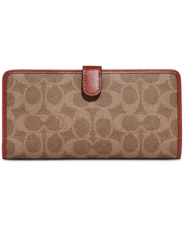 Узкий кошелек Signature Monogram из парусины с покрытием Coach, бежевый 
Узкий кошелек Signature Monogram из парусины с покрытием Coach, бежевый
