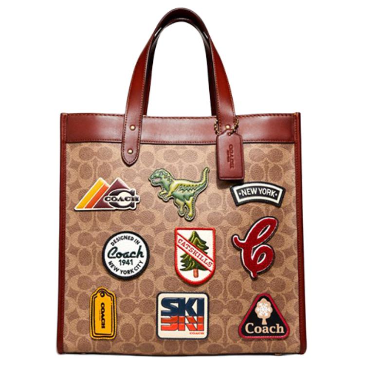 COACH Полевая холщовая сумка с кожаной тоут сумкой для покупок через плечо большая унисекс коричневая с монограммой