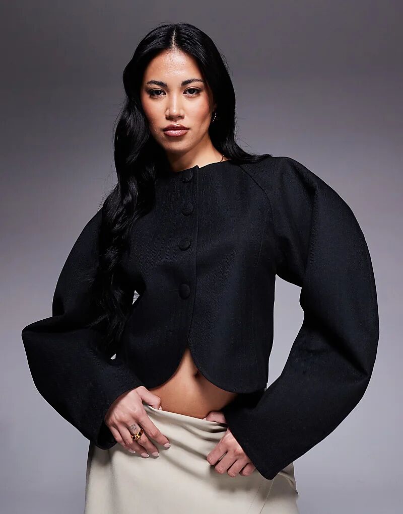 Укороченный блейзер с узором «ёлочка» и рукавами-коконами ASOS DESIGN, чёрный 
Укороченный блейзер с узором «ёлочка» и рукавами-коконами ASOS DESIGN, чёрный