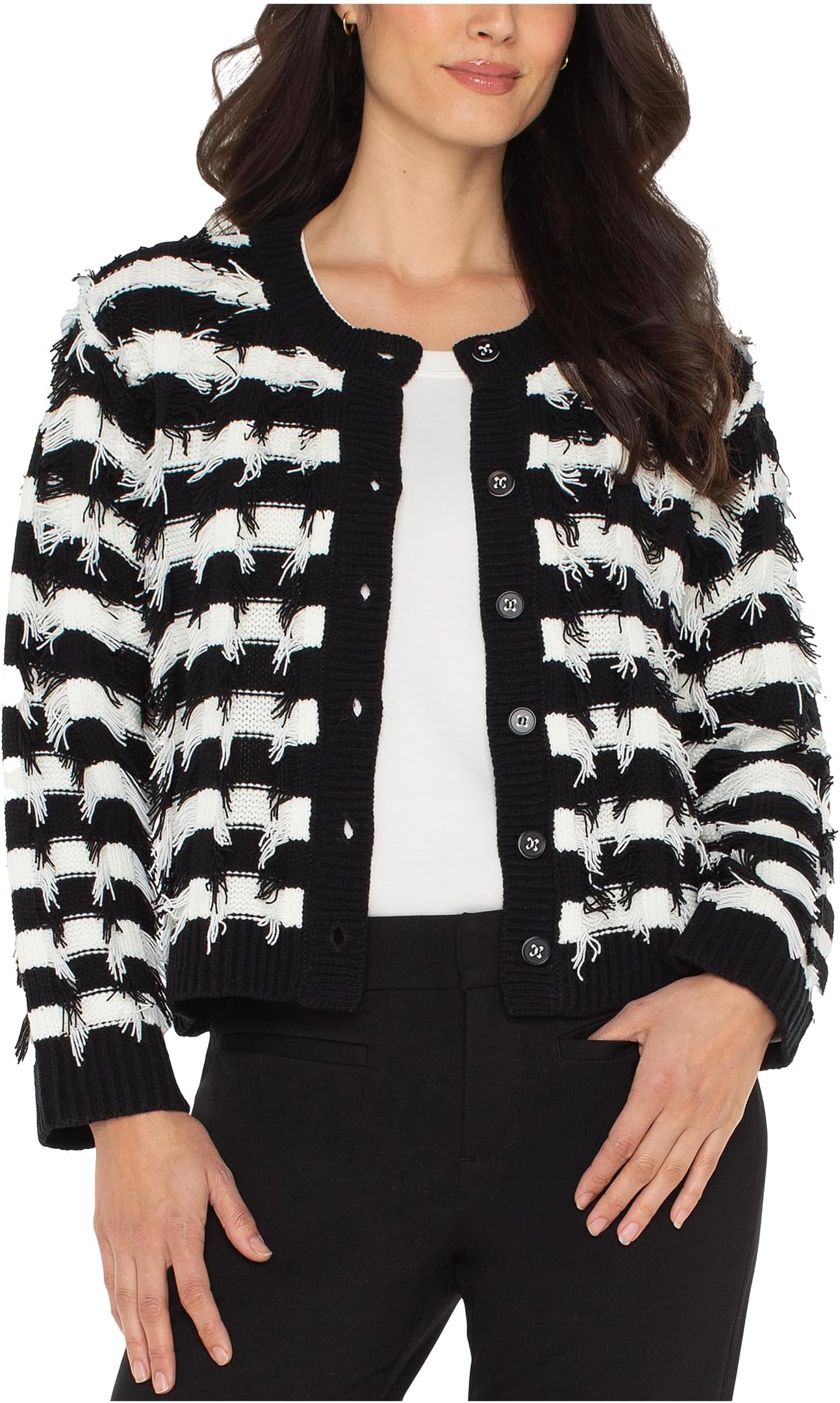 Свитер Liverpool Los Angeles Women's Long Sleeve Fringe Cardigan Sweater, Black/White Fringe Stripe
Свитер Liverpool Los Angeles Women's Long Sleeve Fringe Cardigan Sweater, Black/White Fringe Stripe
