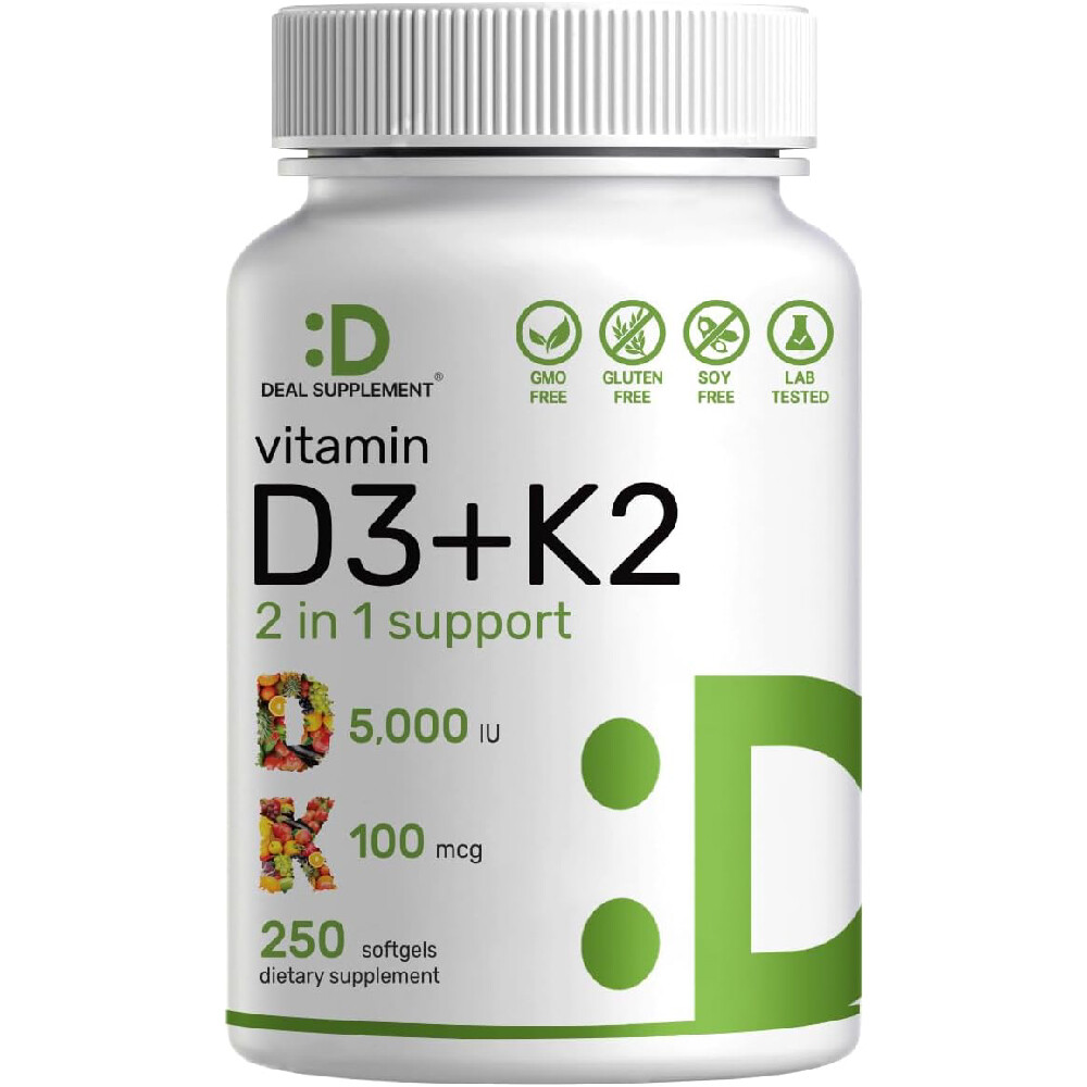 Витамин D3 + K2 Deal Supplement комплекс 2-1 5000 МЕ и MK7, 250 капсул
Витамин D3 + K2 Deal Supplement комплекс 2-1 5000 МЕ и MK7, 250 капсул