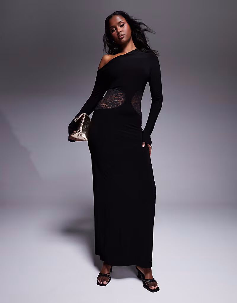 Платье макси с открытыми плечами и кружевными вставками ASOS DESIGN черного цвета 
Платье макси с открытыми плечами и кружевными вставками ASOS DESIGN черного цвета