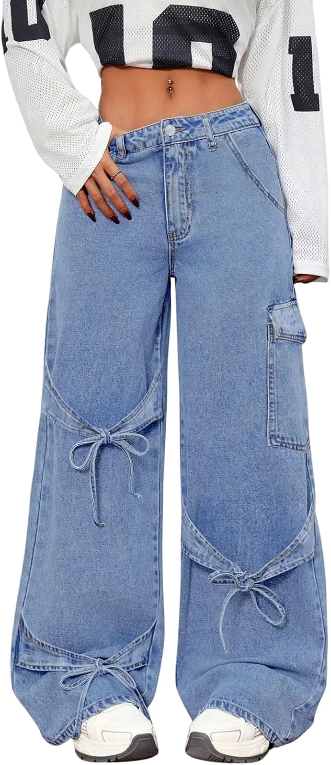 Брюки-джинсы Baggy для женщин Y2K Wide Straight Leg Mid Rise с бантами
Брюки-джинсы Baggy для женщин Y2K Wide Straight Leg Mid Rise с бантами