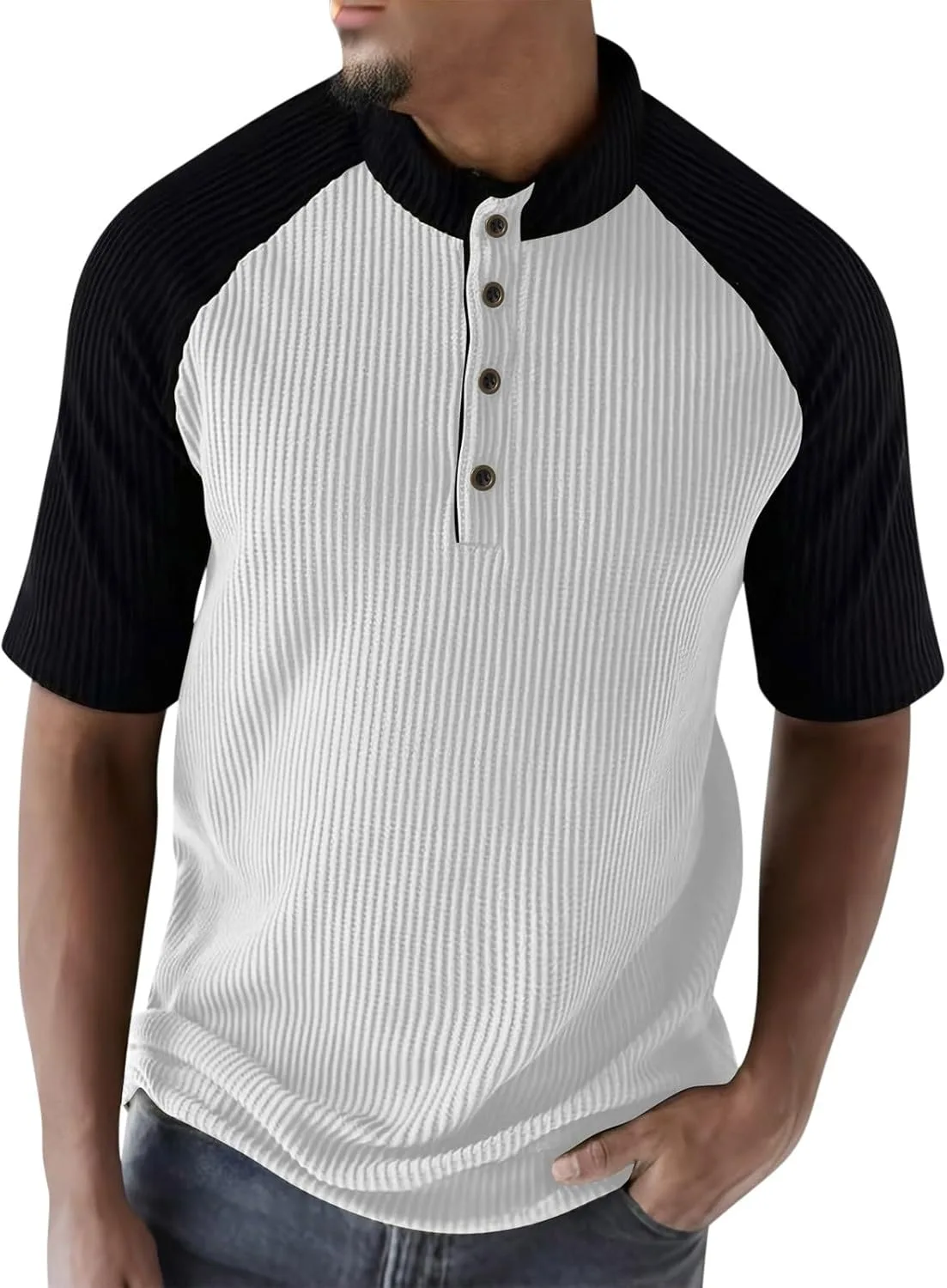 Мужская футболка хенли с коротким рукавом реглан и цветными блоками
Мужская футболка хенли с коротким рукавом реглан и цветными блоками