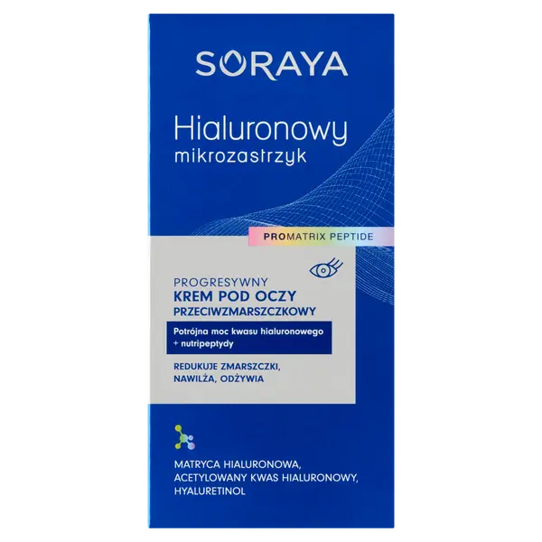 Прогрессивный крем для кожи вокруг глаз против морщин, 15 мл Soraya Hialuronowy mikrozastrzyk
Прогрессивный крем для кожи вокруг глаз против морщин, 15 мл Soraya Hialuronowy mikrozastrzyk