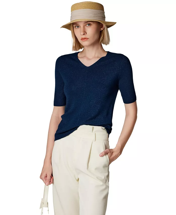 Женский свитер из мериносовой шерсти с люрексом | Блестящий тонкий топ с V-образным вырезом и короткими рукавами | Пуловер, пригодный для машинной стирки JENNIE LIU, синий
Женский свитер из мериносовой шерсти с люрексом | Блестящий тонкий топ с V-образным вырезом и короткими рукавами | Пуловер, пригодный для машинной стирки JENNIE LIU, синий