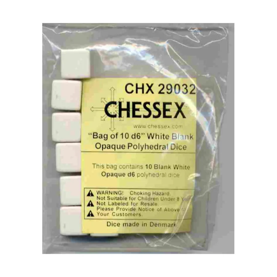 d6 16 мм пустой белый (10), Dice - Blank (Chessex) 
d6 16 мм пустой белый (10), Dice - Blank (Chessex)