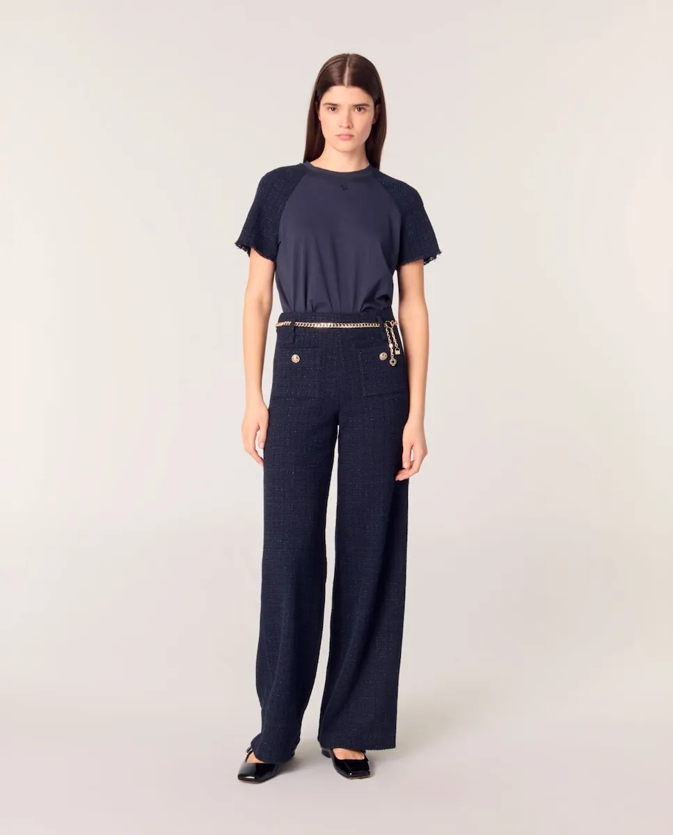 Женские широкие твидовые брюки с цепочным поясом Maje, тёмно-синий 
Женские широкие твидовые брюки с цепочным поясом Maje, тёмно-синий