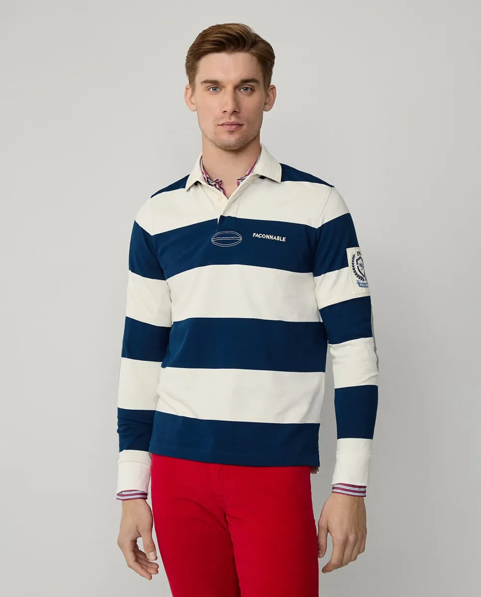 Мужское регбийное поло в полоску с вышивкой на груди и налокотниками контрастного цвета Façonnable
Мужское регбийное поло в полоску с вышивкой на груди и налокотниками контрастного цвета Façonnable
