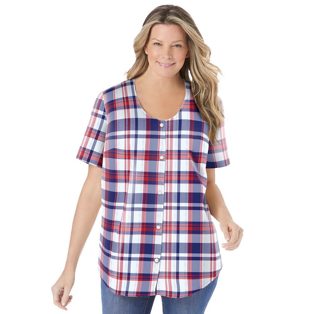 Женщина в женской бейсбольной рубашке из жатого хлопка больших размеров Woman Within, цвет Red White Blue Plaid
Женщина в женской бейсбольной рубашке из жатого хлопка больших размеров Woman Within, цвет Red White Blue Plaid