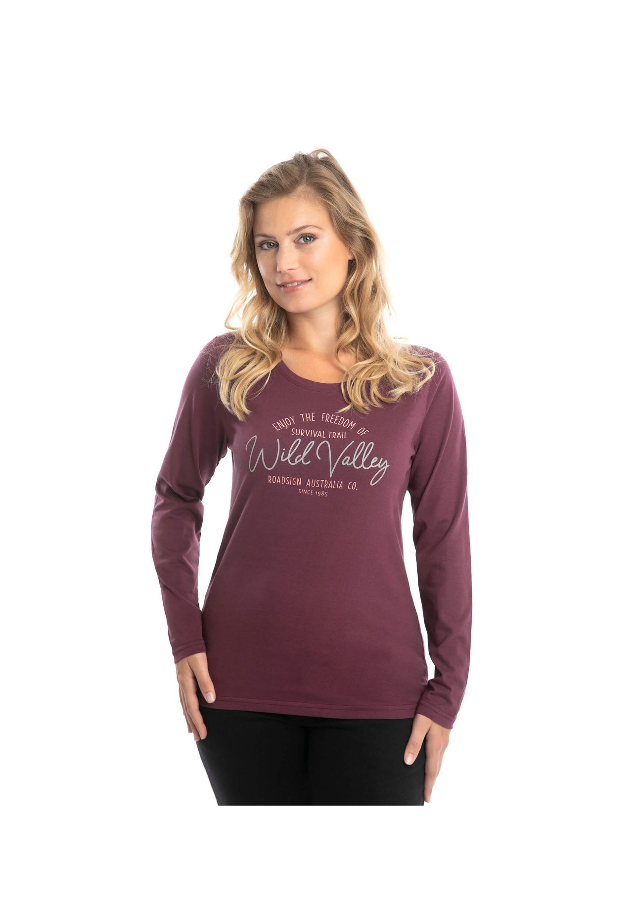 Женская рубашка с длинными рукавами Wild Valley с принтом спереди и круглым вырезом, свитер из 100-процентного хлопка ROADSIGN australia, бордовый
Женская рубашка с длинными рукавами Wild Valley с принтом спереди и круглым вырезом, свитер из 100-процентного хлопка ROADSIGN australia, бордовый