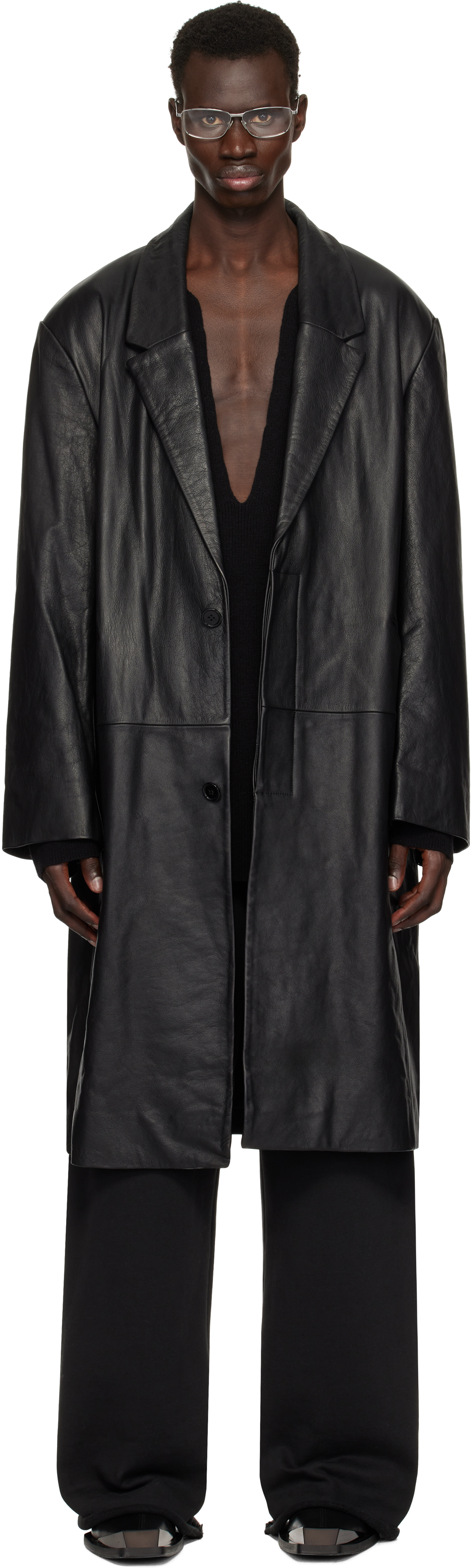 Черное однобортное кожаное пальто Entire Studios 
Черное однобортное кожаное пальто Entire Studios