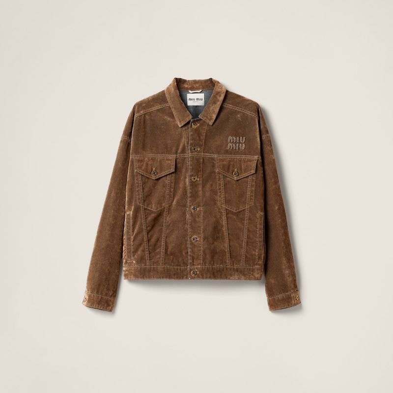 Флокированная куртка из стираной шамбре Miu Miu, коричневый 
Флокированная куртка из стираной шамбре Miu Miu, коричневый