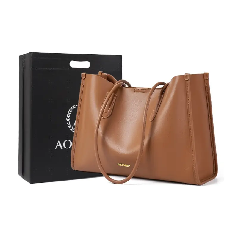 AOKANG Кожаная сумка тоут для учебы для поездок на работу через плечо женская золотисто-коричневая каштановая классическая черная, Cocoa Brown