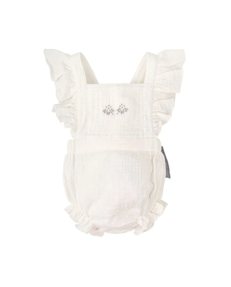 Комбинезон для девочки с оборками и вышивкой BABIDÚ, белый 
Комбинезон для девочки с оборками и вышивкой BABIDÚ, белый