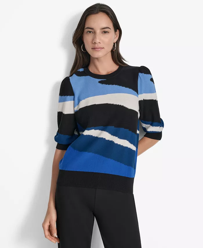 Женский хлопковый свитер с принтом и рукавами до локтя DKNY, синий 
Женский хлопковый свитер с принтом и рукавами до локтя DKNY, синий