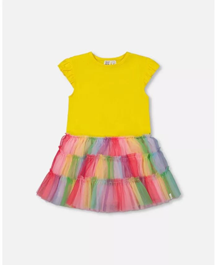 Платье для девочек с короткими рукавами и юбкой из тюля с оборками, разноцветное - Малыш|Ребенок Deux par Deux, желтый