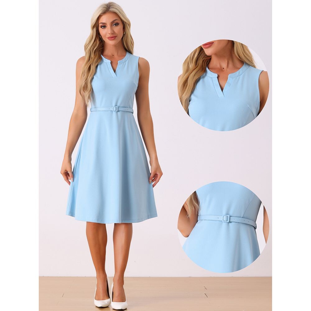Рабочее офисное платье для женщин, платье без рукавов с V-образным вырезом и поясом ALLEGRA K, цвет Light Blue 
Рабочее офисное платье для женщин, платье без рукавов с V-образным вырезом и поясом ALLEGRA K, цвет Light Blue
