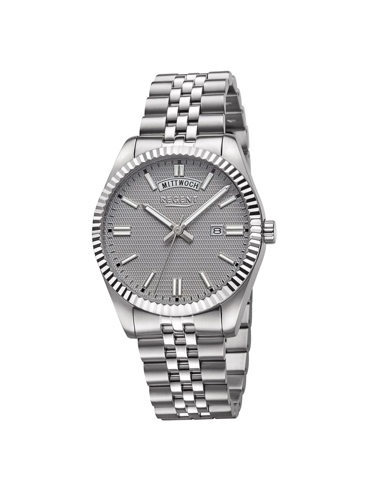 Крупные серебристые аналоговые наручные часы (около 40 мм) с металлическим браслетом Regent
Крупные серебристые аналоговые наручные часы (около 40 мм) с металлическим браслетом Regent