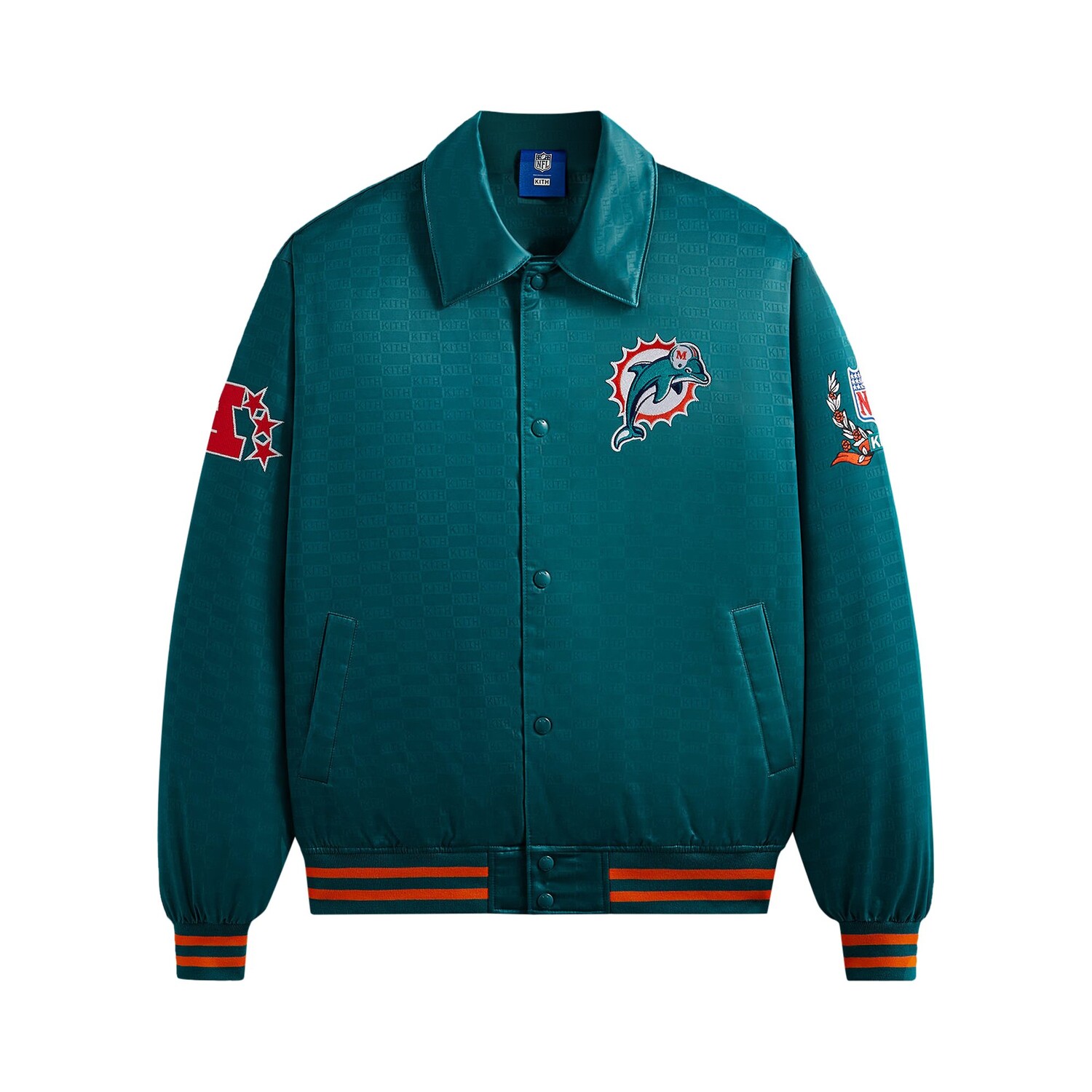 Kith For The NFL: атласный бомбер Dolphins Центр
Kith For The NFL: атласный бомбер Dolphins Центр