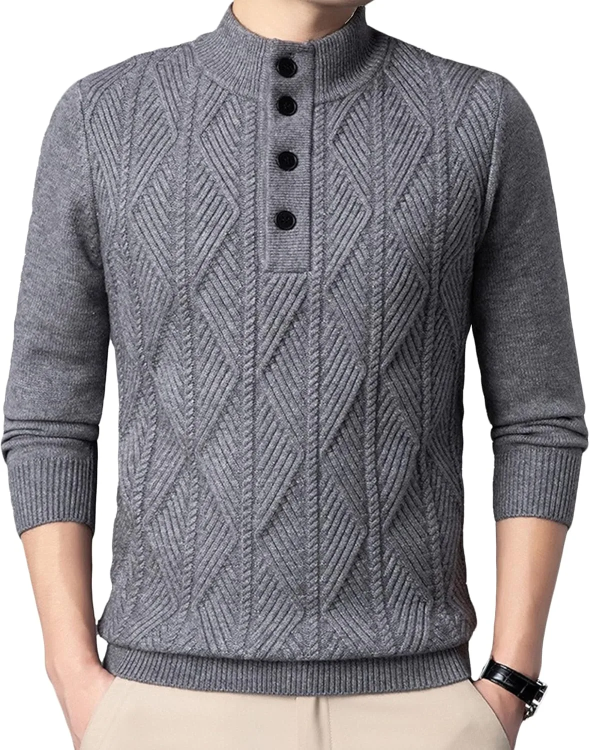 Мужской свитер с воротником стойкой, полосатый, кабельная вязка
Мужской свитер с воротником стойкой, полосатый, кабельная вязка