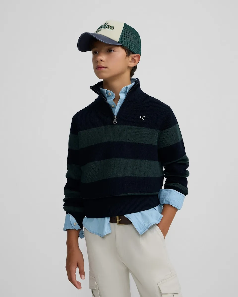 Детский джемпер с полосками и зеленой полу-молнией Silbon
Детский джемпер с полосками и зеленой полу-молнией Silbon