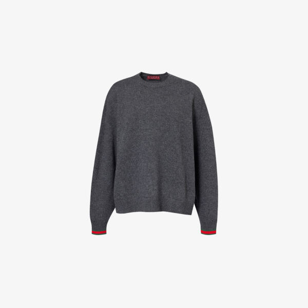 Джемпер с круглым вырезом и полосатыми манжетами из смеси шерсти и кашемира Gucci, серый 
Джемпер с круглым вырезом и полосатыми манжетами из смеси шерсти и кашемира Gucci, серый