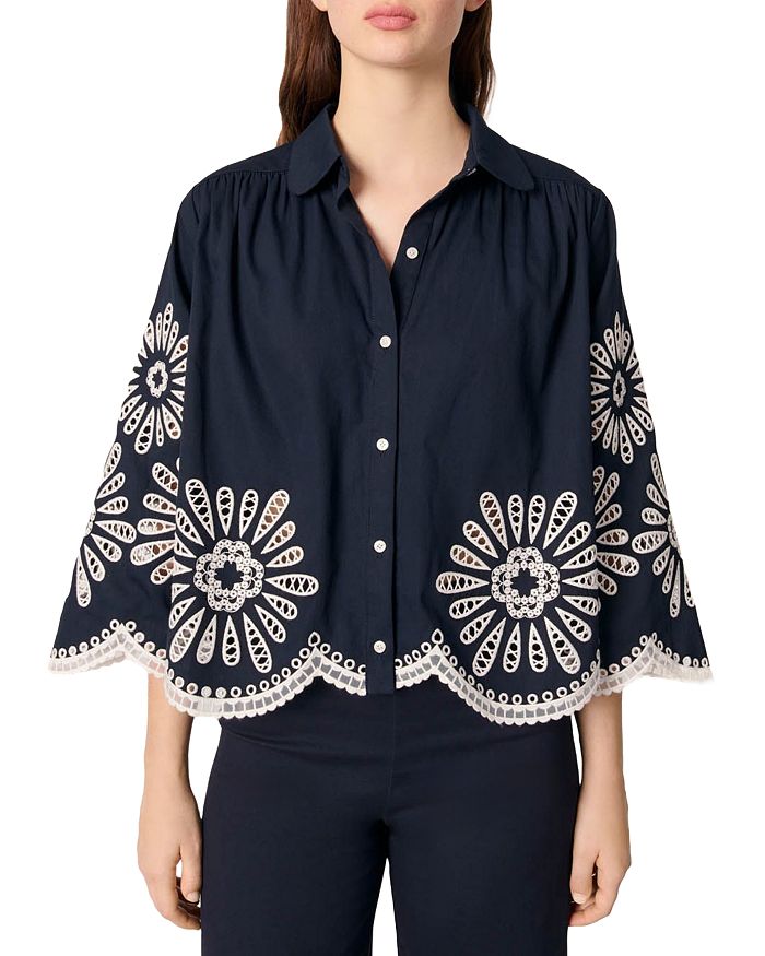 Укороченная рубашка с деталями из вязаного крючком Maje, синий 
Укороченная рубашка с деталями из вязаного крючком Maje, синий