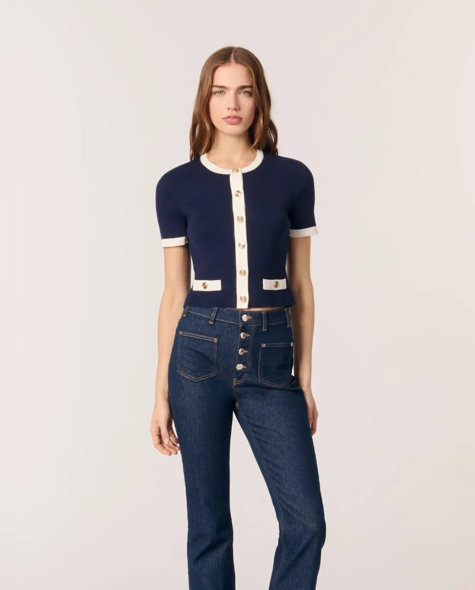 Короткий женский кардиган с контрастными деталями Maje, тёмно-синий
Короткий женский кардиган с контрастными деталями Maje, тёмно-синий