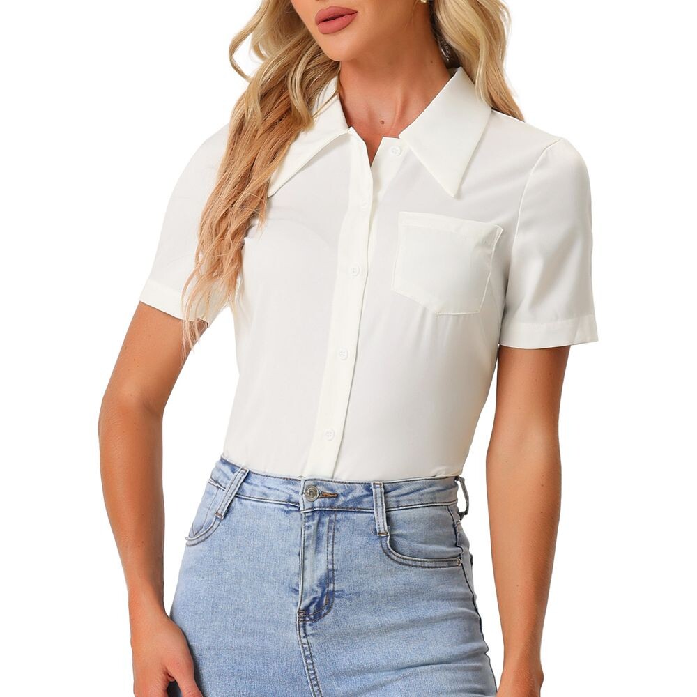 Рубашка на пуговицах для женщин, топы с короткими рукавами и воротником, офисная атласная блузка ALLEGRA K, белый
Рубашка на пуговицах для женщин, топы с короткими рукавами и воротником, офисная атласная блузка ALLEGRA K, белый