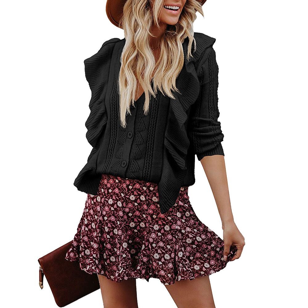 Женские свитера на пуговицах, топы, повседневный вязаный кардиган с длинными рукавами и оборками MISSKY, черный 
Женские свитера на пуговицах, топы, повседневный вязаный кардиган с длинными рукавами и оборками MISSKY, черный