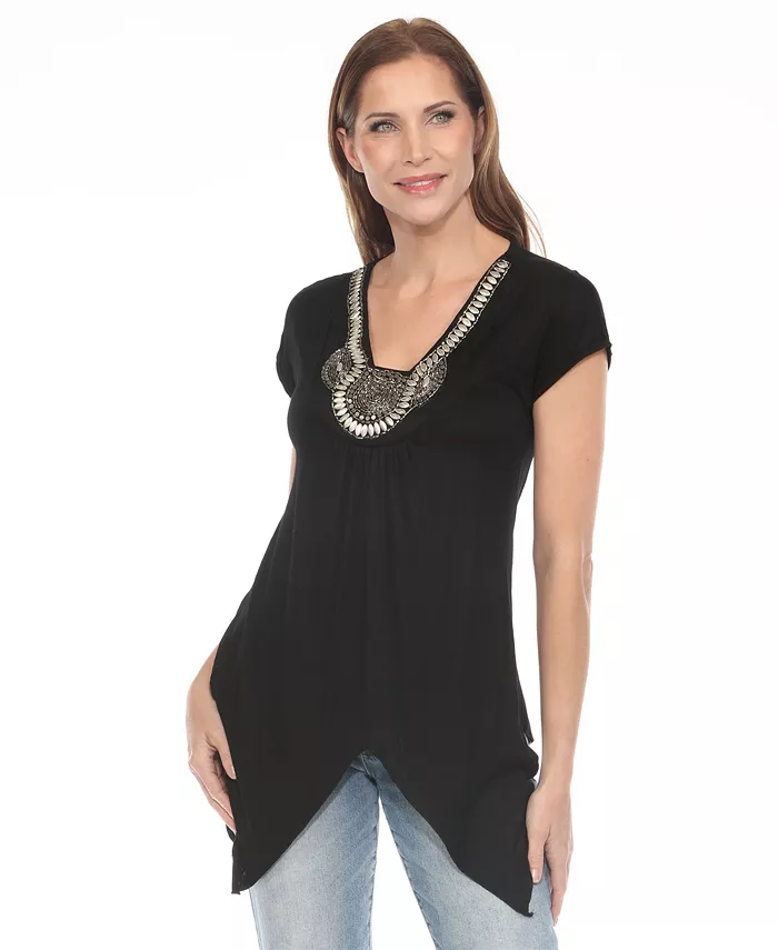 Женский трикотажный топ с косым подолом и отделкой бисером White Mark, черный
Женский трикотажный топ с косым подолом и отделкой бисером White Mark, черный
