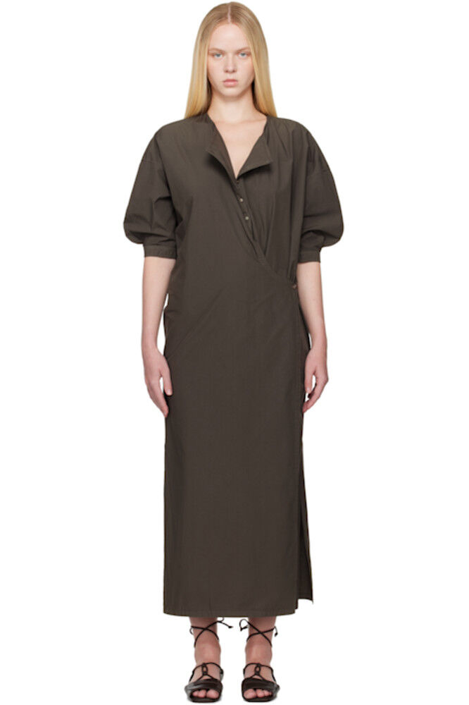 Коричневое платье-миди с короткими рукавами и переплетенными краями LEMAIRE 
Коричневое платье-миди с короткими рукавами и переплетенными краями LEMAIRE