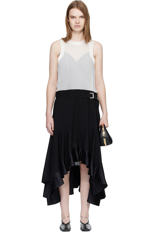 Sacai Черно-Белое атласное платье миди, сочетающее костюмную ткань
Sacai Черно-Белое атласное платье миди, сочетающее костюмную ткань