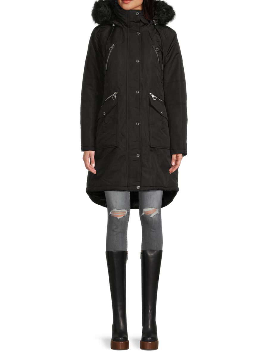 Пальто с капюшоном из искусственного меха Guess, черный 
Пальто с капюшоном из искусственного меха Guess, черный