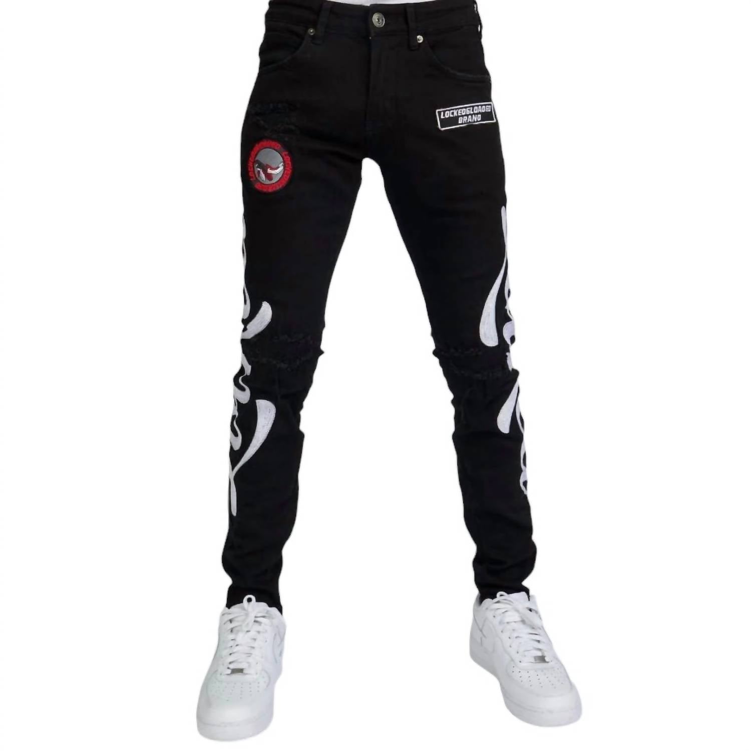 Джинсы с цепочным стежком в черном/белом цвете LOCKED + LOADED
Джинсы с цепочным стежком в черном/белом цвете LOCKED + LOADED