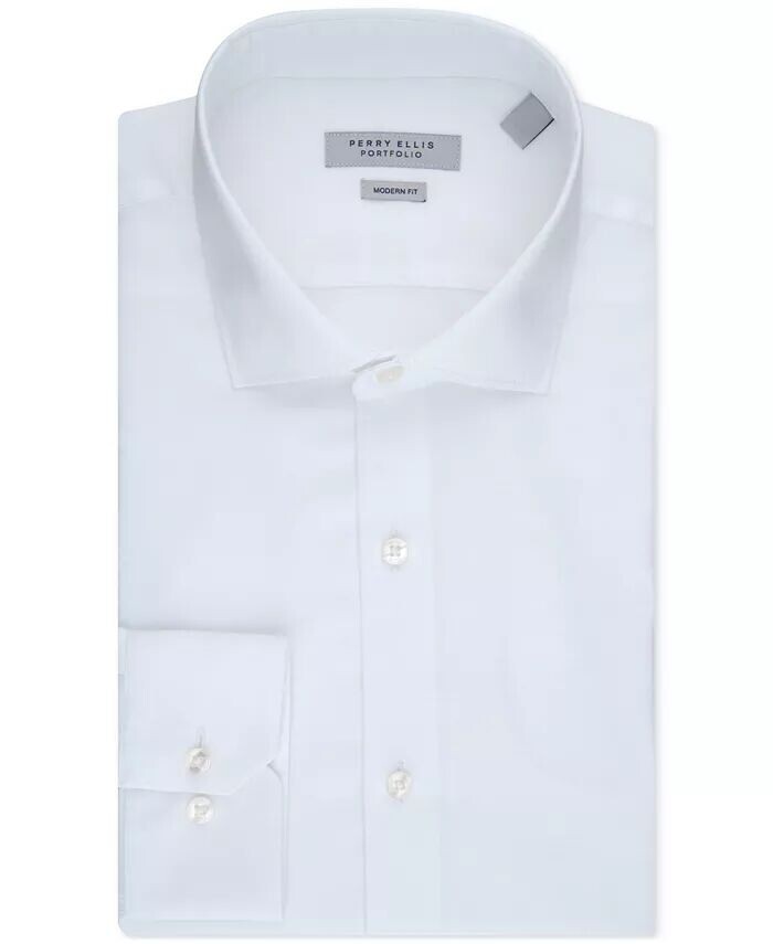 Мужская однотонная классическая рубашка из твила Lux современного кроя Perry Ellis, белый 
Мужская однотонная классическая рубашка из твила Lux современного кроя Perry Ellis, белый
