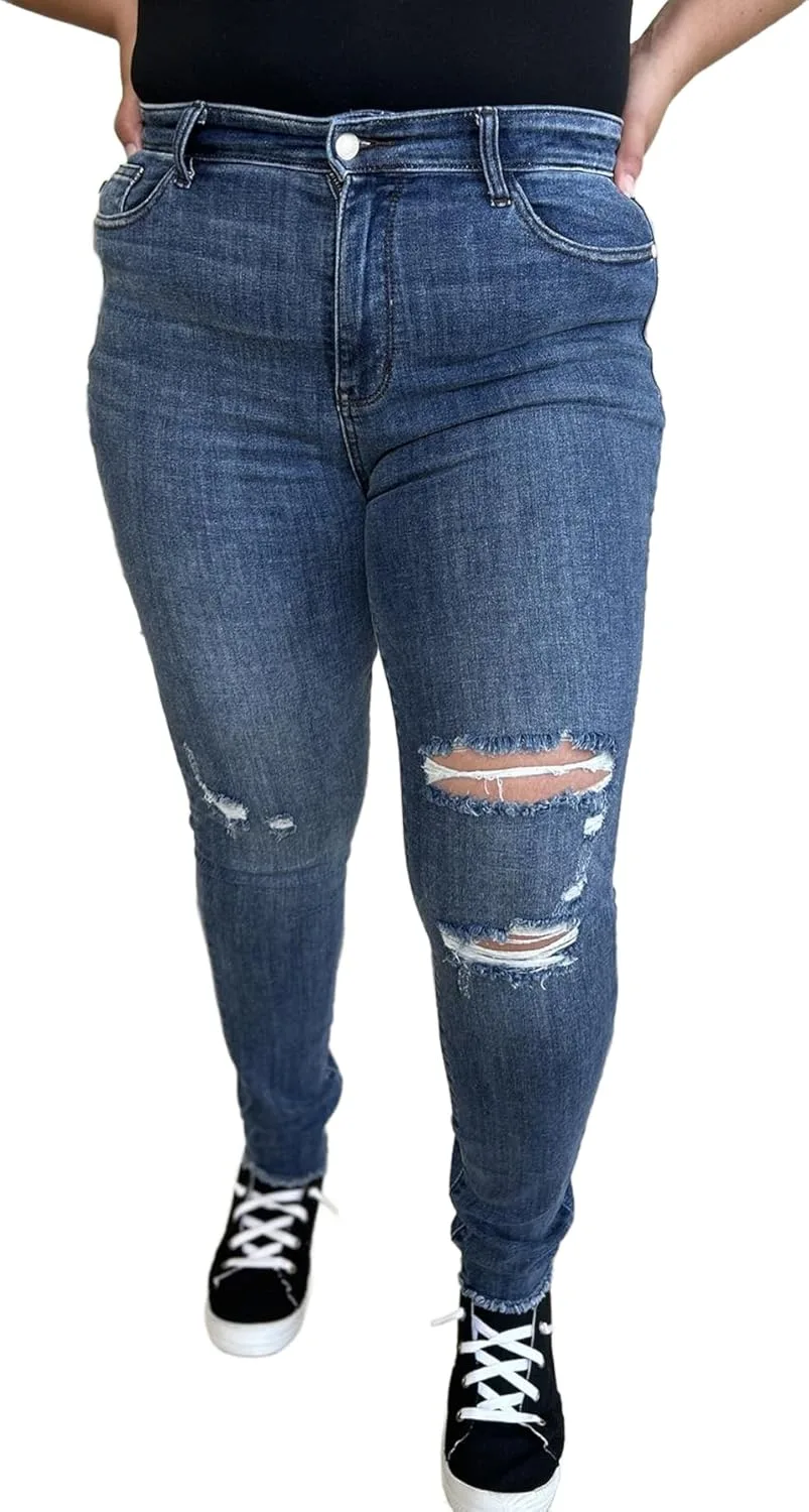 Judy-B Women's Casual Jeans High-Waisted Ripped Skinny Denim Pants Washed Dark Blue Denim with Distressed Details Yanhoo
Judy-B Women's Casual Jeans High-Waisted Ripped Skinny Denim Pants Washed Dark Blue Denim with Distressed Details Yanhoo